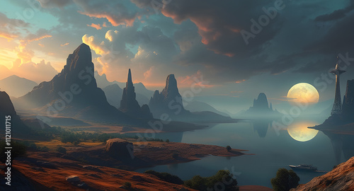 An Expansive Sci-Fi Landscape in the Tranquil Lake of Serenity
