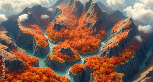 Isometric Fantasy Map with Autumn Landscapes and Detailed Biomes