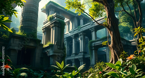 Ancient Jungle Temple Ruins with Sunlight and Moss-Covered Carvings