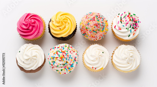 A horizontal, high-angle overhead view of a colorful cupcake with frosting and sprinkles.