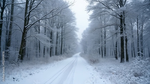 Snow-Covered Forest Path in Northern Germany, Serene Winter Landscape near Hagen, Prinzler Park photo