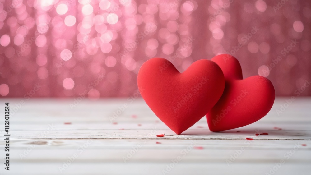 Romantic Valentine's Day, Two Red Hearts on White Table with Pink Glitter Background Romantic Valentine's Day, Two Red Hearts on White Table with Pink Glitter Background