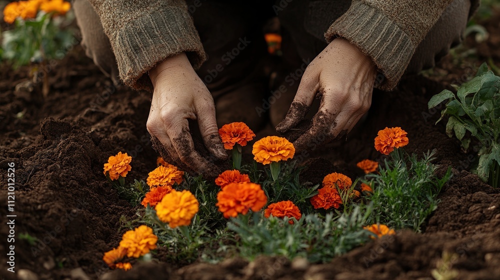Hands planting orange marigolds in dark soil. Hands planting orange marigolds in dark soil.