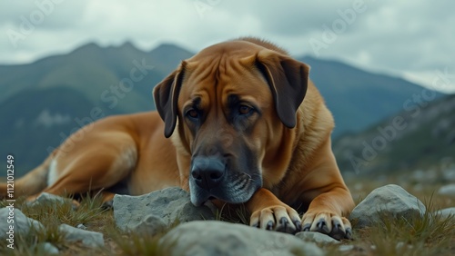 Sad Dog Lying on Grass in Mountains, Cinematic Wide Shot of a Large Brown Dog with a Melancholy Expression, Hyperrealistic ARRI Alexa Mini LF Style Image photo
