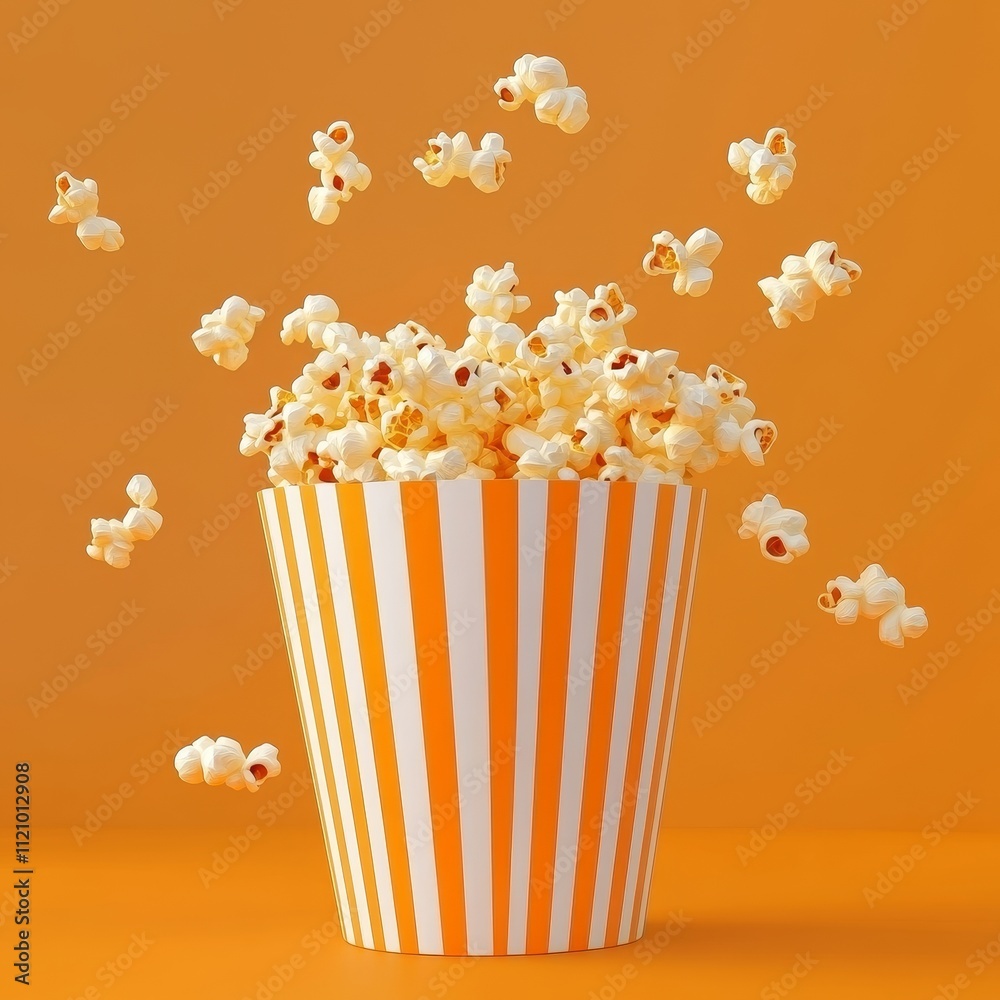 Delicious Popcorn Joyfully Spills From a Striped Container Onto a Vibrant Orange Background, Capturing the Essence of Snacking and Entertainment in a Playful Manner Delicious Popcorn Joyfully Spills From a Striped Container Onto a Vibrant Orange Background, Capturing the Essence of Snacking and Entertainment in a Playful Manner