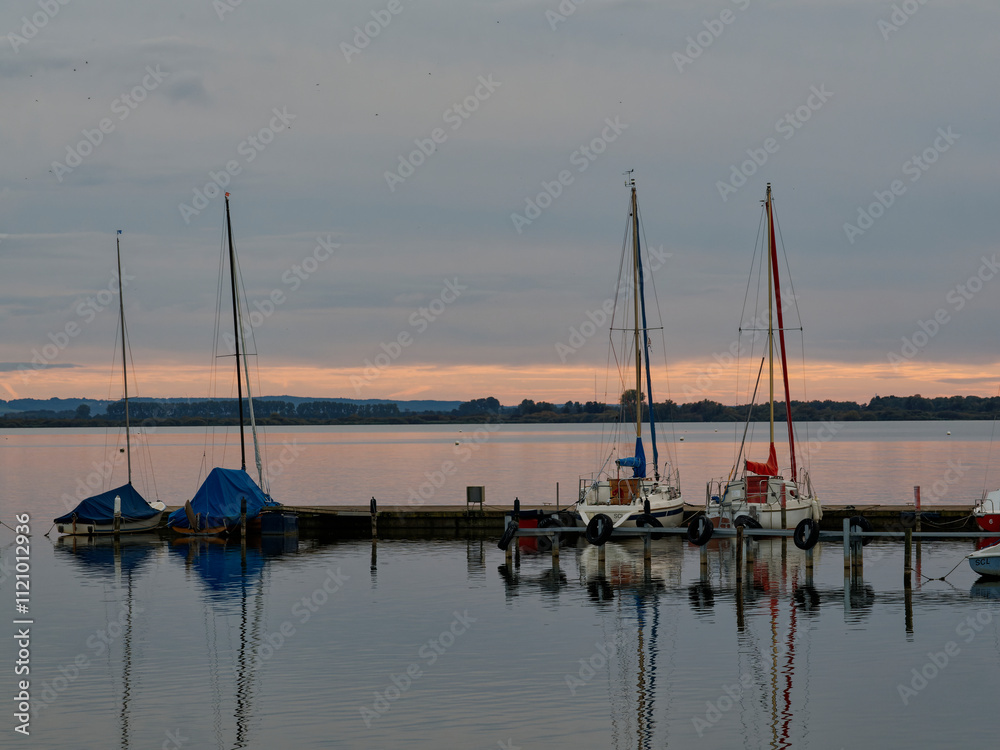 Fototapeta premium Der Dümmer See bei Lembruch im Abendlicht, Naturpark Dümmer, Landkreis Diepholz, Niedersachsen, Deutschland