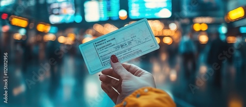 Woman's hand holding a travel ticket in a train station.