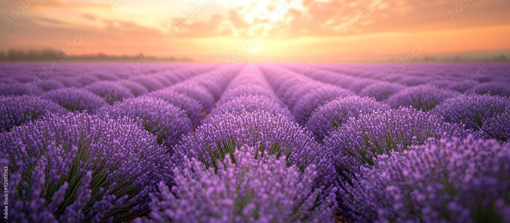 Fototapeta premium Lavender Field at Sunset: A Serene and Colorful Landscape