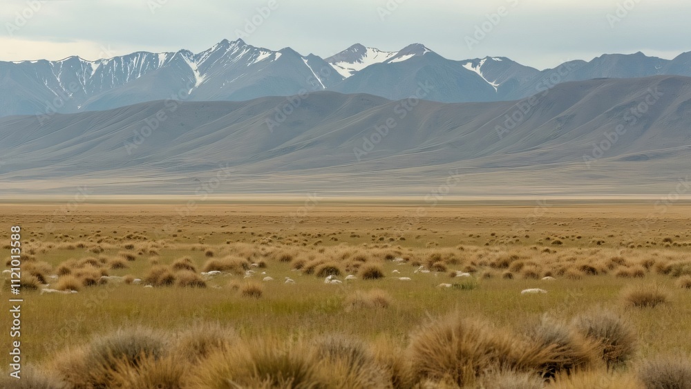 Fototapeta premium Vast Mongolian Grassland with Majestic Mountain Range in Background