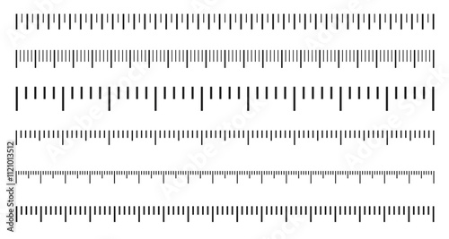 Measuring scale, markup for rulers in different scales. Inch black meter lines. Measure instrument. Vector illustration