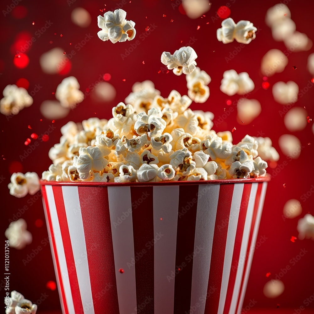 Delicious Popcorn Flying From a Classic Striped Bucket Against a Vibrant Red Background During an Exciting Movie Night Delicious Popcorn Flying From a Classic Striped Bucket Against a Vibrant Red Background During an Exciting Movie Night