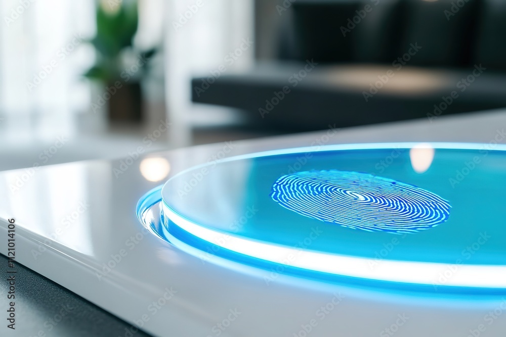 close-up of fingerprint scanner glowing blue on sleek white surface close-up of fingerprint scanner glowing blue on sleek white surface