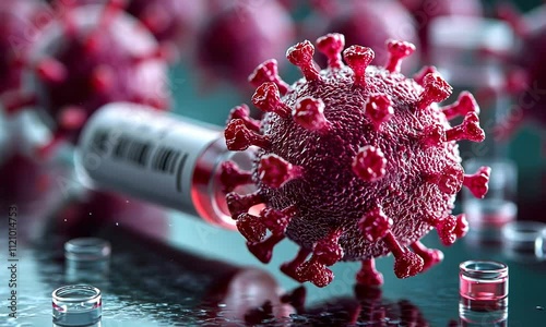 3D illustration of a virus and syringe, symbolizing vaccination.