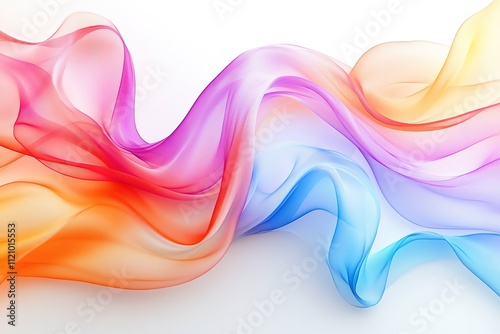 colorful abstract waves of translucent ribbons overlapping on smooth white backdrop