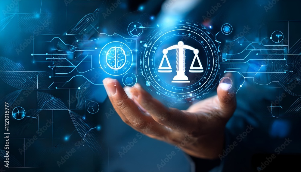 AI ethics or AI Law concept. Developing AI codes of ethics. Compliance, regulation, standard , business policy and responsibility for guarding against unintended bias in machine learning algorithms.b AI ethics or AI Law concept. Developing AI codes of ethics. Compliance, regulation, standard , business policy and responsibility for guarding against unintended bias in machine learning algorithms.b