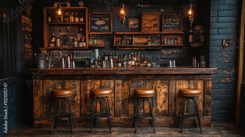 Rustic wooden bar with leather stools, liquor bottles, and vintage decor. Ideal for concepts of pubs, bars, or alcoholic beverages.