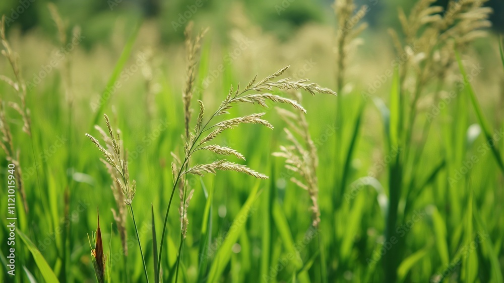 Stunning Close-Up of Tall Grass Meadow, Lush Green Blades, Seed Heads, and Dry Stalks Swaying Gently in Sunny Day Light Stunning Close-Up of Tall Grass Meadow, Lush Green Blades, Seed Heads, and Dry Stalks Swaying Gently in Sunny Day Light