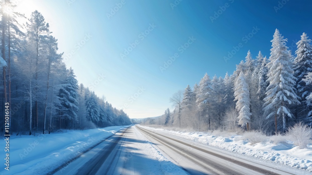 Fototapeta premium Stunning Winter Wonderland, Snow Covered Road Through a Sunny Forest Landscape