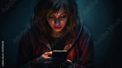  An upset middle-aged woman uses a phone in the dark, displaying frustration or distress.
