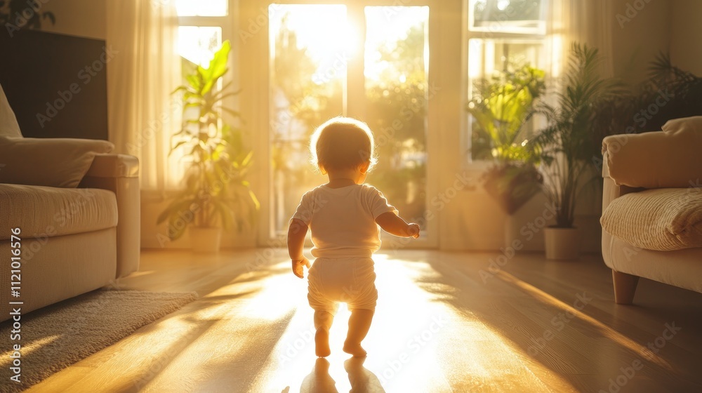 Baby taking first steps in sunlit room.