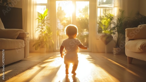 Baby taking first steps in sunlit room.