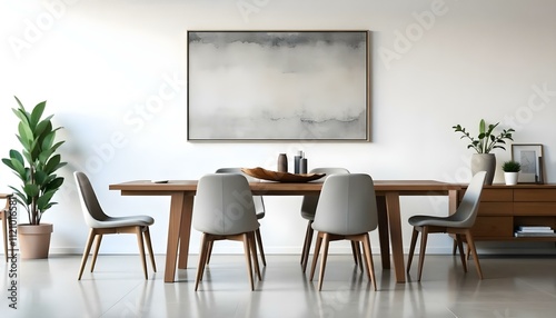 A modern dining room with a wooden table and gray chairs, with minimalist abstract artwork hanging on the wall above