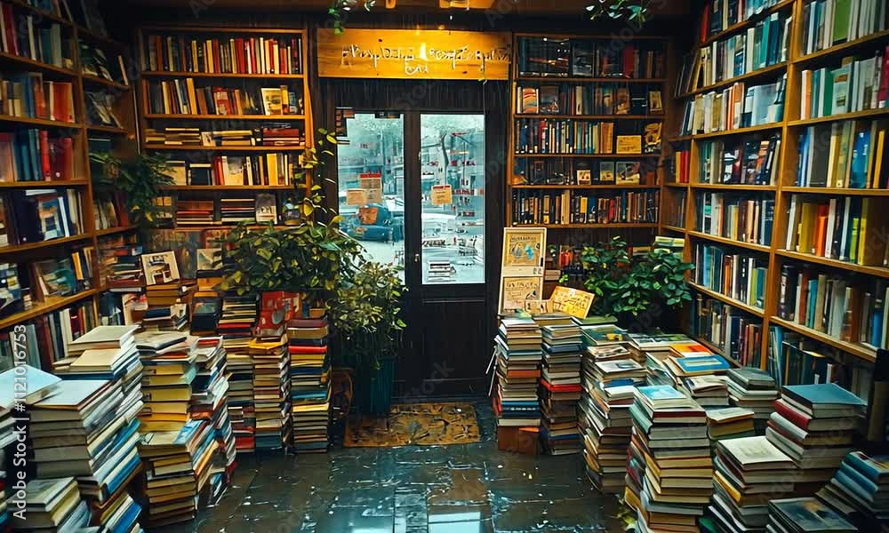 Cozy bookstore filled with stacks of books and greenery.