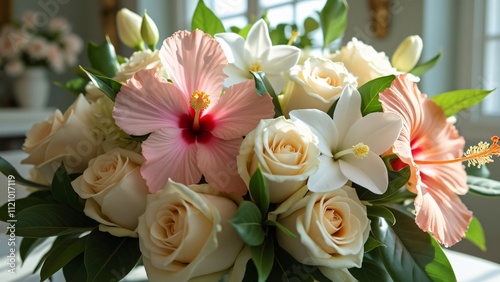 Elegant Wedding Flower Arrangement, Pink & White Roses, Hibiscus, Orchid & Gardenias
