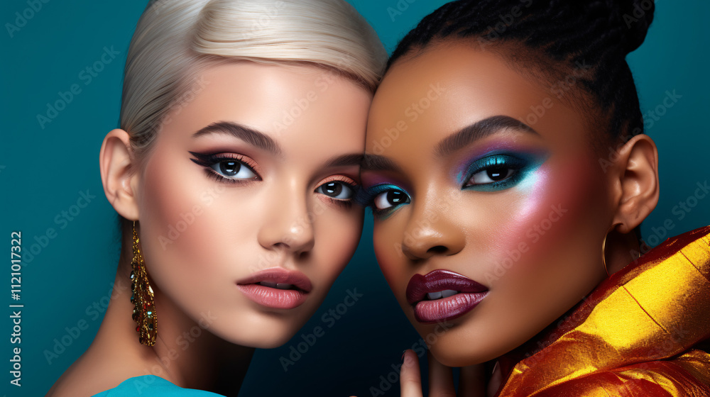 A close-up of two young, beautiful women with bright makeup, showcasing vibrant and bold styles.
A close-up of two young, beautiful women with bright makeup, showcasing vibrant and bold styles.