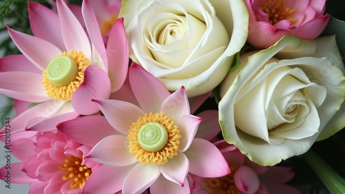 Elegant Bouquet, Close-up of White Roses and Pink Lotus Flowers