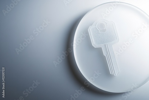 digital key symbol etched on flat white acrylic plate in soft light