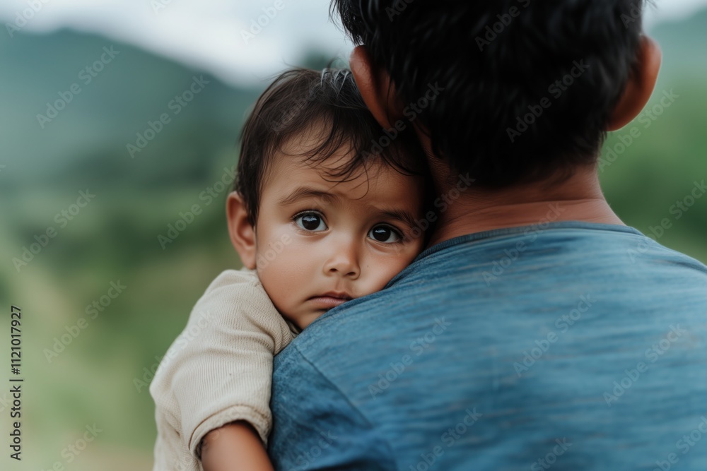 Father's Embrace: A tender moment captured between a father and his young child. The child rests peacefully on his shoulder, conveying a sense of safety and love. Father's Embrace: A tender moment captured between a father and his young child. The child rests peacefully on his shoulder, conveying a sense of safety and love.