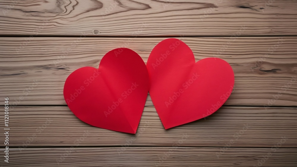 Romantic Valentine's Day Card Design, Two Red Paper Hearts on Rustic Wooden Background, Flat Lay, Copy Space Romantic Valentine's Day Card Design, Two Red Paper Hearts on Rustic Wooden Background, Flat Lay, Copy Space