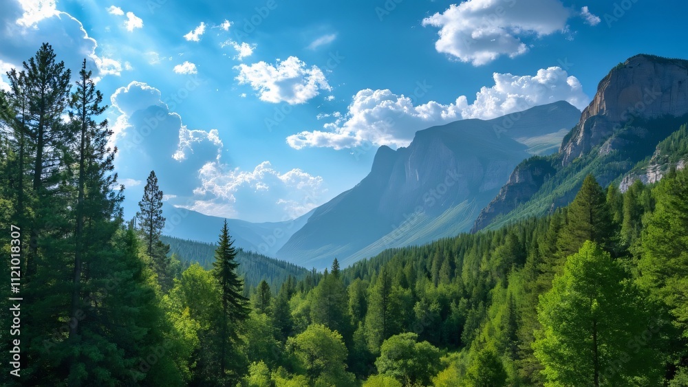 Obraz premium Majestic Santa Fe Forest & Mountain Vista, Panoramic Summer Landscape with Lush Green Trees, Hiking & Camping Scene