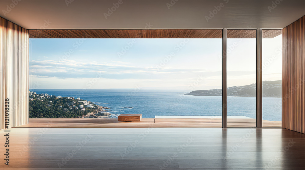Modern coastal interior with vast ocean view and minimalist design in afternoon light Modern coastal interior with vast ocean view and minimalist design in afternoon light