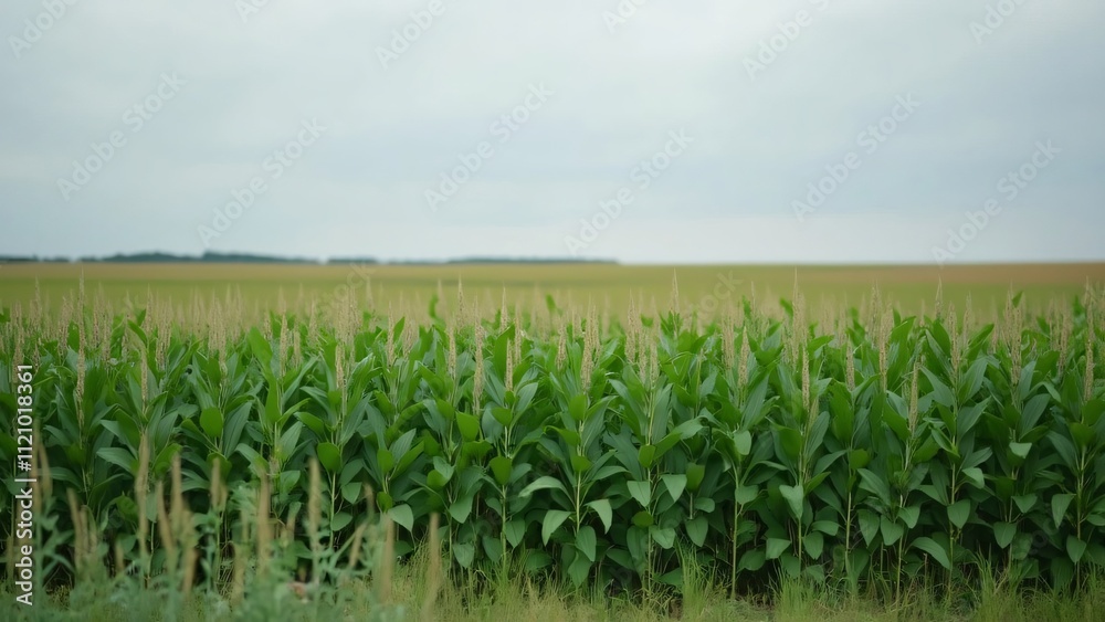 Wide Shot of Lush Green Sorghum Field Under Overcast Sky, Tall Grass in Foreground, Wide Angle Lens Photography Wide Shot of Lush Green Sorghum Field Under Overcast Sky, Tall Grass in Foreground, Wide Angle Lens Photography