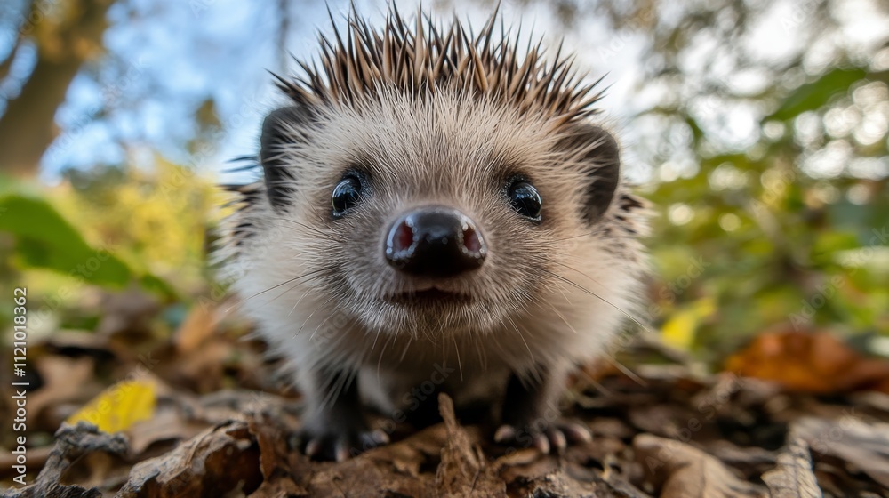 Fototapeta premium Adorable close-up of a baby hedgehog taking a funny selfie