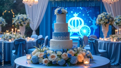 Elegant Blue & White Cinderella Wedding Cake, LED Carriage Backdrop, Floral Decor photo