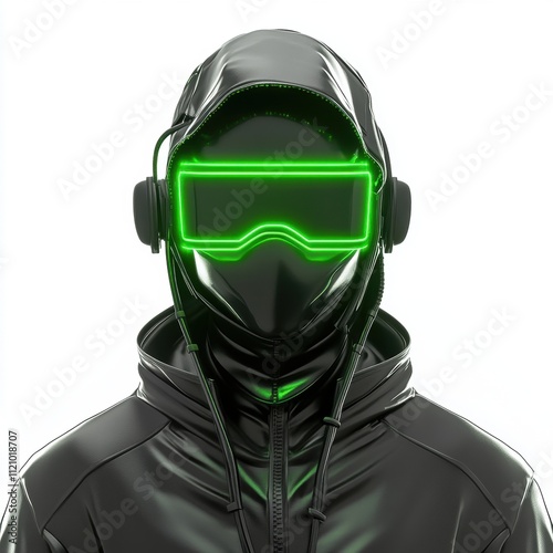 A cyberpunk hacker with glowing augmented glasses isolated on white background for techthemed designs photo