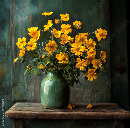 A photo fresh marygold flower on a rustic table photo