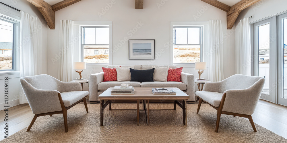 Fototapeta premium Modern living room design featuring natural light and comfortable furniture in a coastal setting
