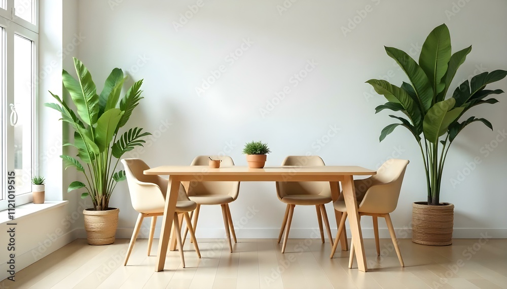 A modern dining room with a wooden table and three beige chairs, decorated with potted plants A modern dining room with a wooden table and three beige chairs, decorated with potted plants