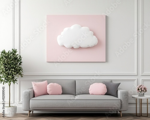 Modern light grey sofa with cute cloudshaped pillows, set in an elegant living room with playful wall art, sofa, elegant and whimsical photo