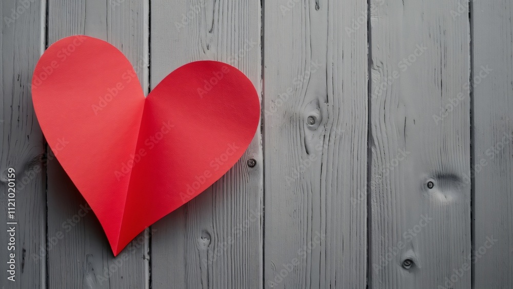 Romantic Red Paper Heart on Gray Wood, Valentine's Day Card Design with Copy Space Romantic Red Paper Heart on Gray Wood, Valentine's Day Card Design with Copy Space