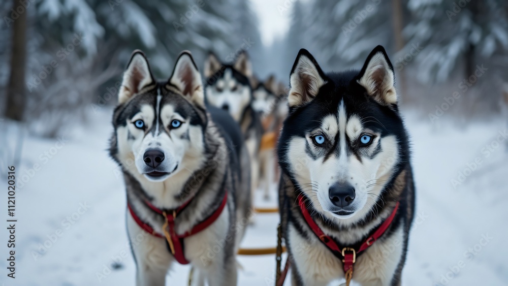 Magnificent Siberian Huskies Pulling Sled Through Snowy Forest, Stunning Winter Scene with Blue-Eyed Dogs Magnificent Siberian Huskies Pulling Sled Through Snowy Forest, Stunning Winter Scene with Blue-Eyed Dogs