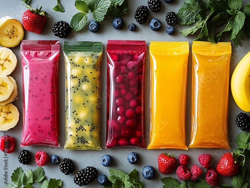 Colorful fruit puree pouches arranged with fresh fruits, showcasing vibrant flavors and healthy snack options.