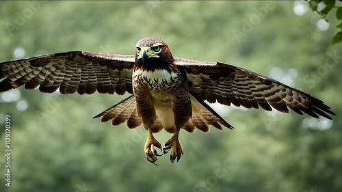 red tailed hawk making eye contact flys bird prey buteo brown flying soaring circling flight animal north america wild wildlife nature