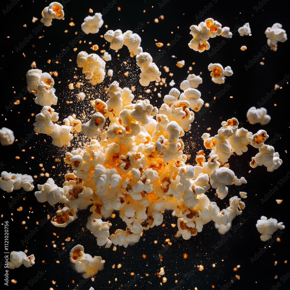 Popcorn Bursts Into a Whirlwind of Fluffy Kernels in a Dynamic Display Captured Against a Dark Background Showcasing Culinary Excitement at a Movie Night Popcorn Bursts Into a Whirlwind of Fluffy Kernels in a Dynamic Display Captured Against a Dark Background Showcasing Culinary Excitement at a Movie Night