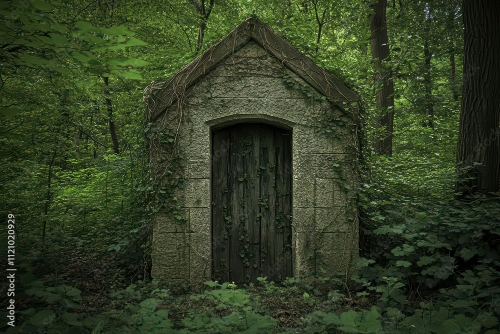 An overgrown stone structure hidden in a dense forest. An overgrown stone structure hidden in a dense forest.