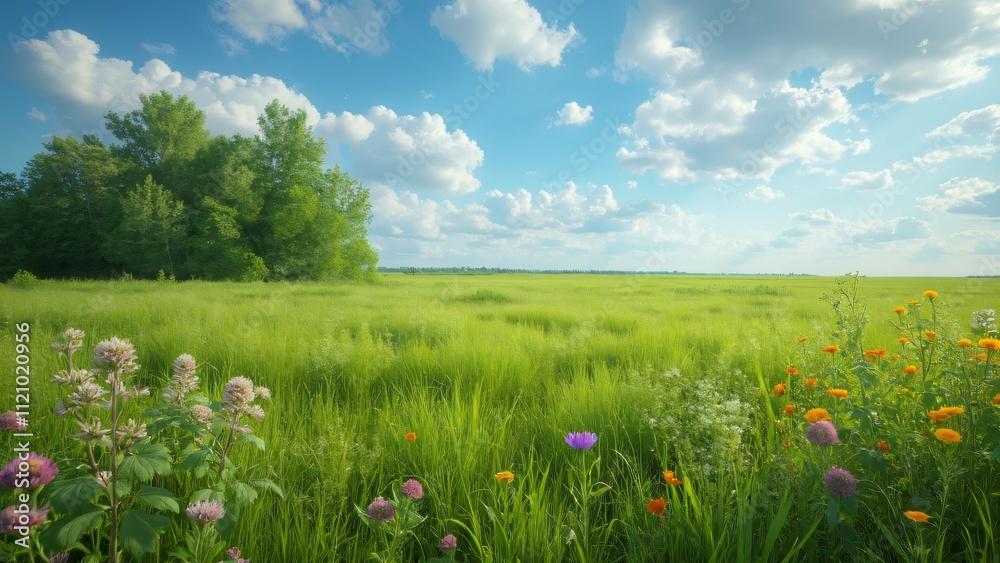 Stunning Summer Meadow Landscape, Photorealistic Russian Countryside with Lush Green Grass, Wildflowers, and Blue Sky Stunning Summer Meadow Landscape, Photorealistic Russian Countryside with Lush Green Grass, Wildflowers, and Blue Sky